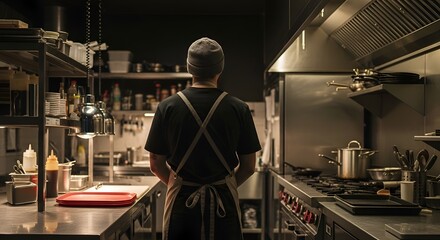 Obraz premium A chef in a black uniform and hat prepares dishes in a modern kitchen white chef hat cooking
