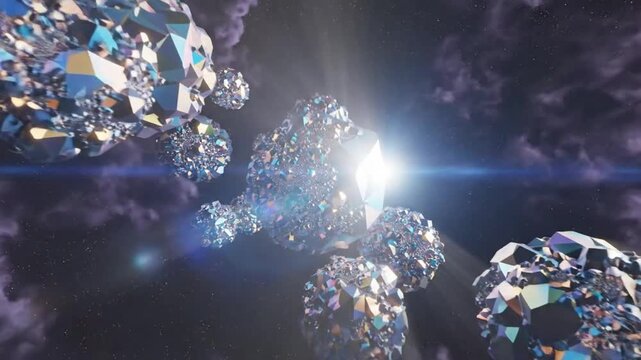 Abstract digital space exploration of geometric crystalline rock formations with vibrant colors and cosmic light