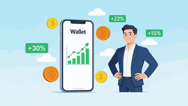 Man with smartphone showing financial growth