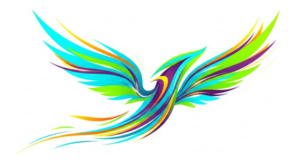 Fototapeta premium Vibrant multicolored bird in flight with colorful feathers spread wide on white background