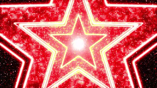 Red star neon tunnel motion graphics with glitter, glowing luxury sparkles on black background, shining led light effect for awards, elegant stardust transition for music video. 4k video