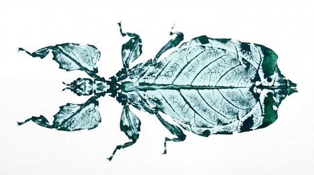 Camouflage Leaf insect Gyotaku green print illustration