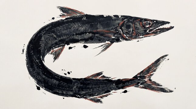 Mizu-uo lancetfish Gyotaku dark grey and crimson ink print