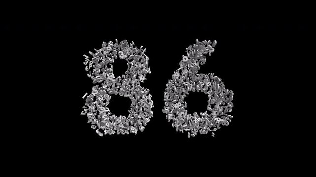 Number 86 Formed by Small Digits Animation with Alpha Channel. Typographic Number Formation Effect. Digital Number Made of Numbers. 3D Font Typographic Animation. Transparent Background