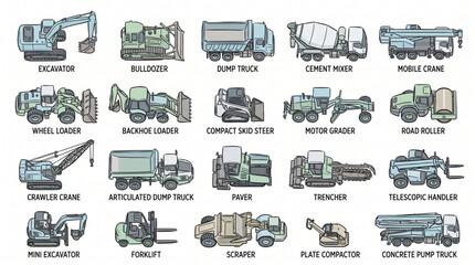 Comprehensive collection of heavy construction equipment illustrations including excavator, bulldozer, and crane for industrial worksite and projects. © Ai