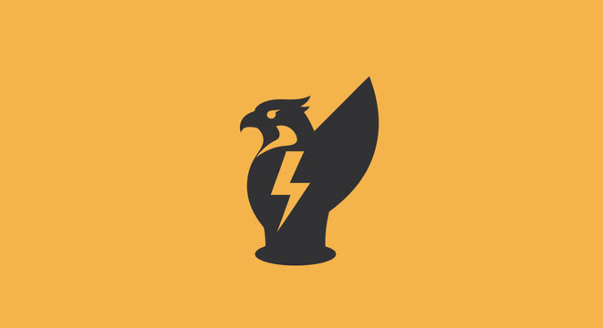 Minimalist eagle logo with lightning bolt on yellow background
