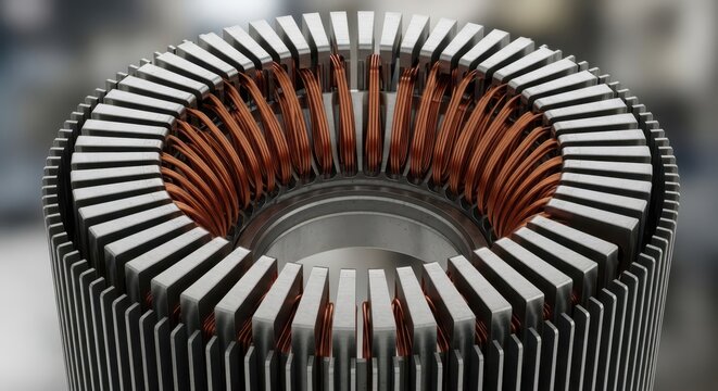 Copper wire windings are coiled inside the metal slots of an electric motor component.