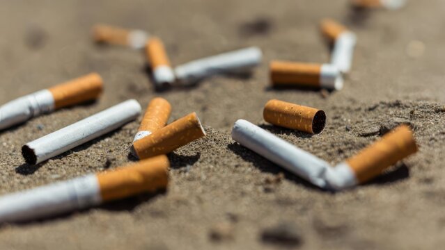 Discarded Cigarette Butts Littering Beach Sand on a Sunny Day