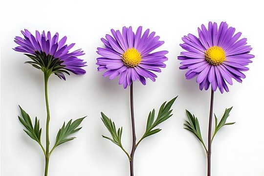 

A beautiful bouquet of purple and white aster flowers with pink chrysanthemum blossoms and daisy petals isolated on a natural garden background during a summer bloom