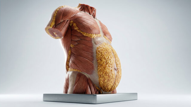 Human torso anatomy model displaying muscles and subcutaneous fat for medical study.