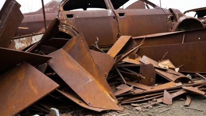 Fototapeta premium Rusty Abandoned Vehicle Surrounded by Metal Scrap in Wasteland