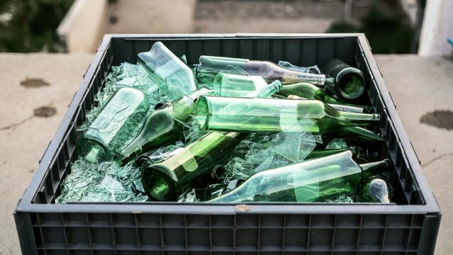 Discarded Green Glass Bottles in Recycling Container on Urban Setting