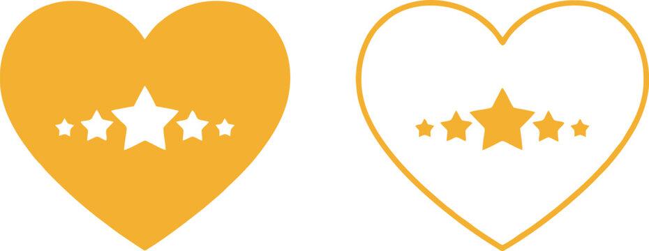 Yellow heart icons with star rating symbols for review, feedback, and favorite concepts