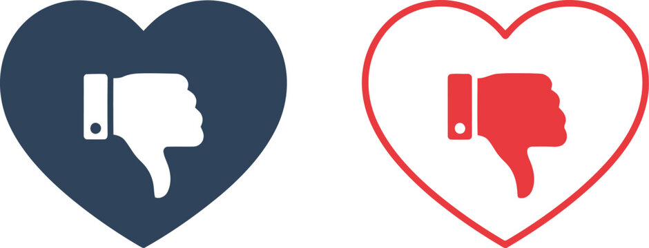 Thumbs Down Icon in Heart Shape Outline, Negative Feedback Symbol Vector Illustration