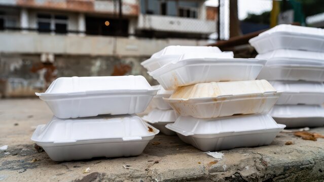 Stack of White Takeout Containers on Urban Street Surface