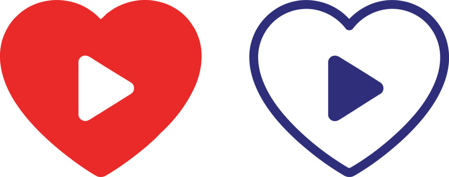 Heart play button icons set, red and blue outline symbols for video streaming, media, and social engagement