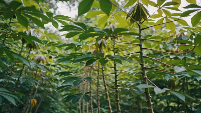 Lush green cassava plants growing outdoors under dappled sunlight creating a serene natural scene