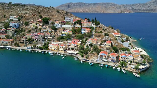 Symi Island Harbor Aerial View Colorful Houses Greece