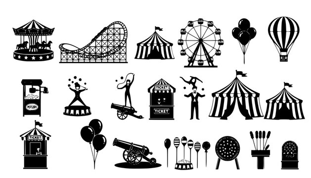 Set of silhouette icons of circus, amusement park. Carnival parks carousel attraction, fun rollercoaster and ferris wheel attractions.