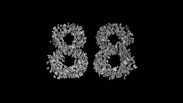 Number 88 Formed by Small Digits Animation with Alpha Channel. Typographic Number Formation Effect. Digital Number Made of Numbers. 3D Font Typographic Animation. Transparent Background