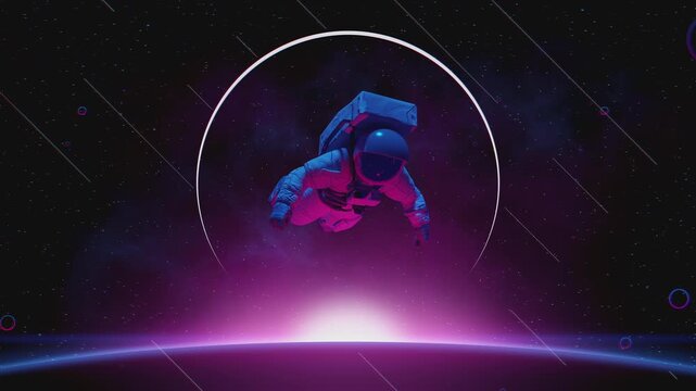 4k seamless blue and purple 3d animation loop of an astronaut floating in zero gravity above a glowing planet's horizon, framed by a luminous circular portal and cosmic light streaks in deep space