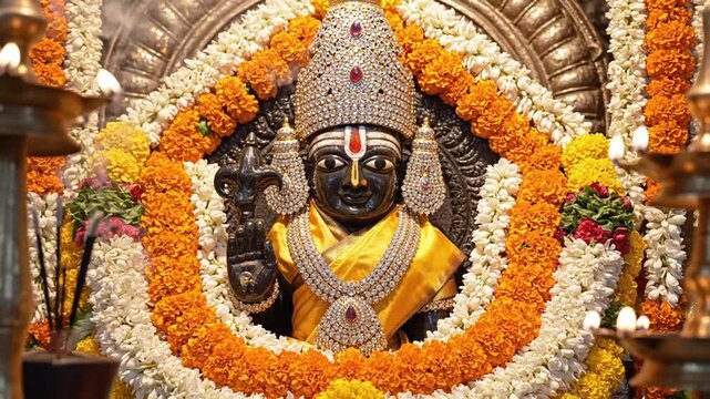 Decorative idol adorned with vibrant flowers and intricate jewelry for religious festival celebration