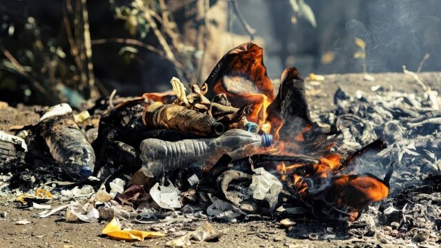Burning Waste on the Ground with Flames and Smoke in Urban Area