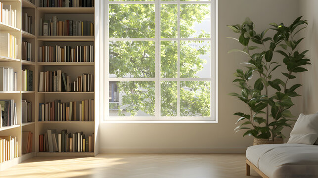 Bright minimalist interior featuring a bookshelf, large window with natural light, potted plant, and wooden flooring. Clean, serene space ideal for reading or relaxation.