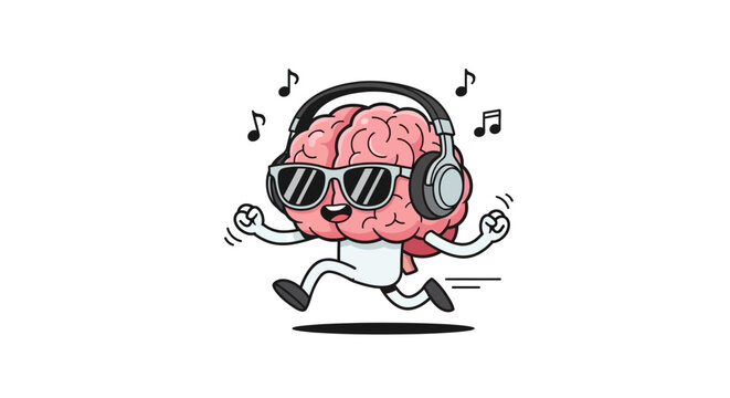 A cartoon brain wearing headphones and sunglasses runs with musical notes around.