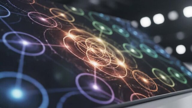 Futuristic interactive display panel showing complex data visualization with glowing interconnected circles