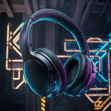 Modern Bluetooth Headset in Tech-Inspired Scenery with Glowing Cyan and Purple Accents