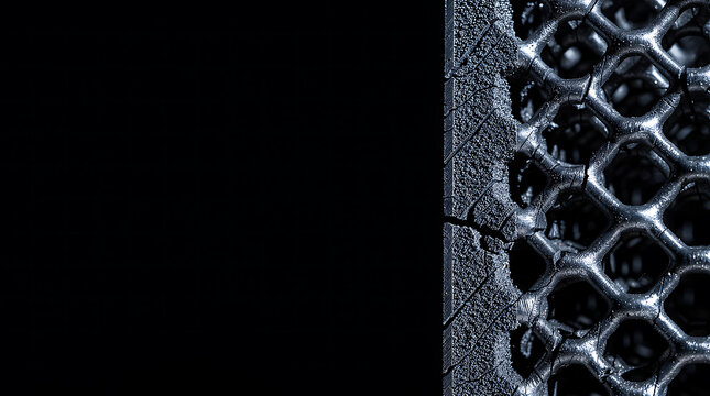 Extreme vertical split of raw 3D printed industrial titanium lattice nodes revealing granular powder bed fusion residue and stark minimalist leftward vacuum
