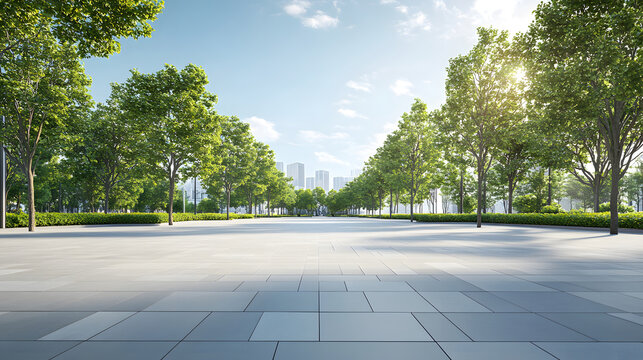 Urban park featuring tree-lined paved walkway, clear blue sky, and distant city skyline. Empty open space ideal for recreation, showcasing nature and urban architecture harmony.