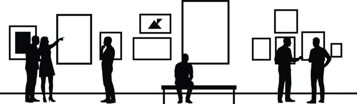 Black silhouettes of people visiting art gallery looking at framed pictures and talking in museum isolated on white background for cultural exhibition and creative interior designs.