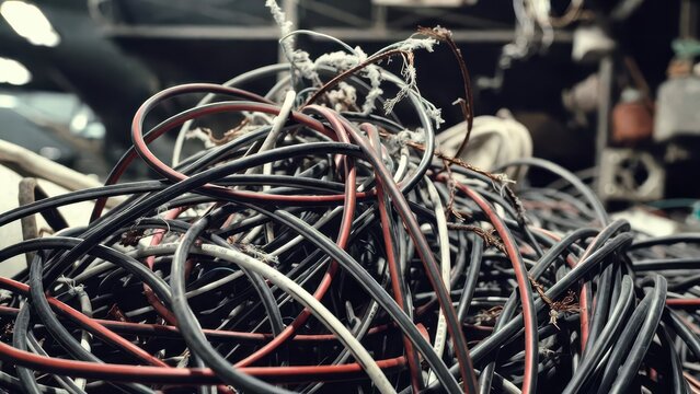 Chaotic Tangle of Old Wires in a Dimly Lit Industrial Setting