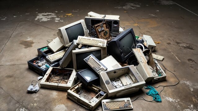 Discarded Vintage Computers and Keyboards Piled in Abandoned Space