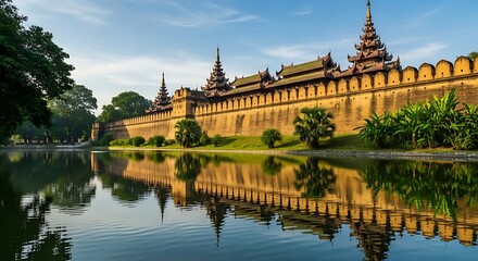 Fototapeta premium Ancient walled palace with ornate spires and moat reflections