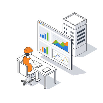 Construction worker analyzing data on computer screen isometric illustration.