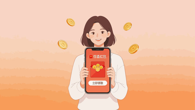 Woman holding smartphone with digital