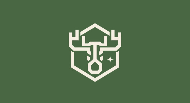 Minimalist geometric deer head logo on green background