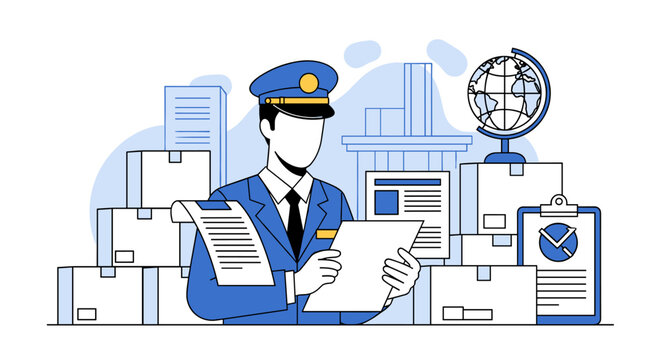 A diligent logistics officer in a crisp blue uniform reviews shipping documents in a busy warehouse surrounded by cardboard boxes and a world globe model.