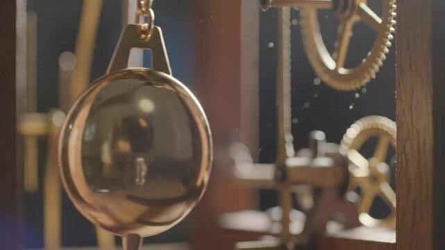 Close-up of a golden pendulum clock with a reflective brass sphere and intricate gear system