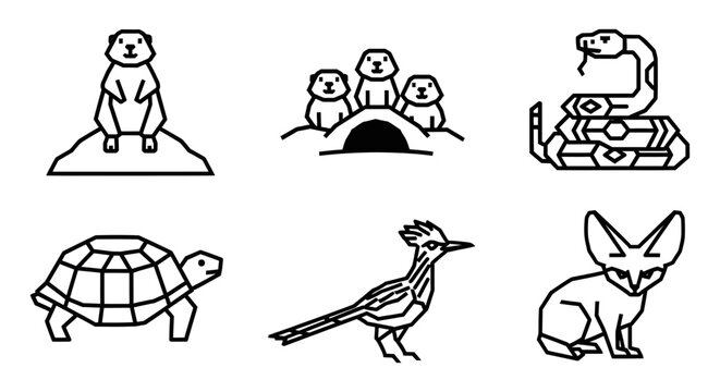 Collection of desert animals, including a roadrunner, coyote, bear, and tortoise in line art style.