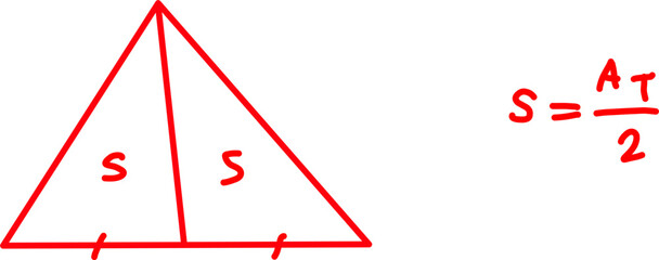 Simple geometric diagram of a triangle divided into two equal areas, illustrating area calculation with base and height, ideal for math education use. © Akmalmm 