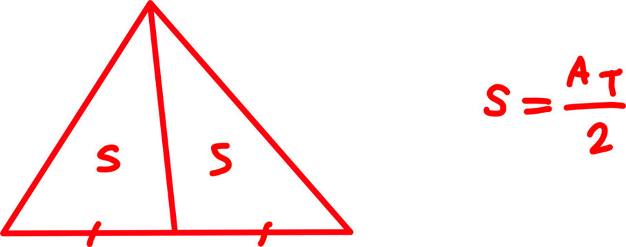 Simple geometric diagram of a triangle divided into two equal areas, illustrating area calculation with base and height, ideal for math education use.