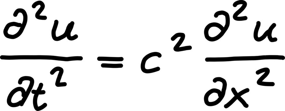 Black mathematical wave equation with second derivatives, clean physics formula isolated on white background, representing motion and dynamics concept