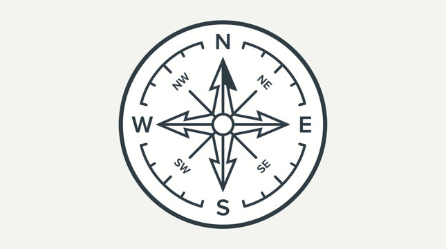 A detailed illustration of a compass with cardinal directions and degrees on a white background.