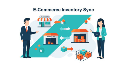 Naklejka premium Business professionals manage an e-commerce inventory synchronization process with goods flowing between an online store and a warehouse in a clean layout.