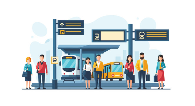 Diverse commuters wait on a modern station platform with clear signage for train and bus transport services in a bright and organized urban environment.