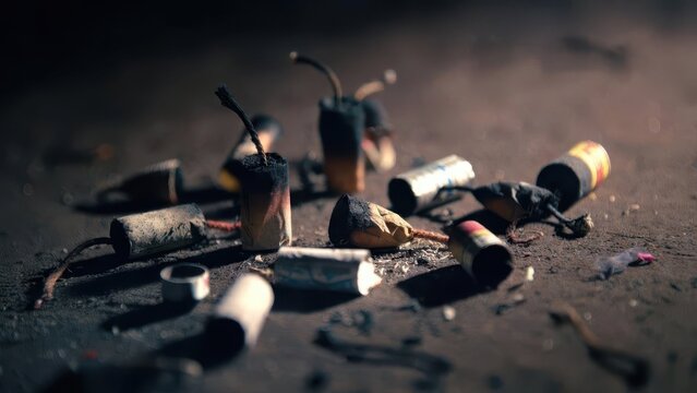 Used Fireworks Debris Scattered on Dark Surface After Celebration